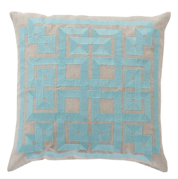 Suraya Other - Set Of Two Greek Key Print Pillows 21x21" Aqua Linen Zip Closure Made in India